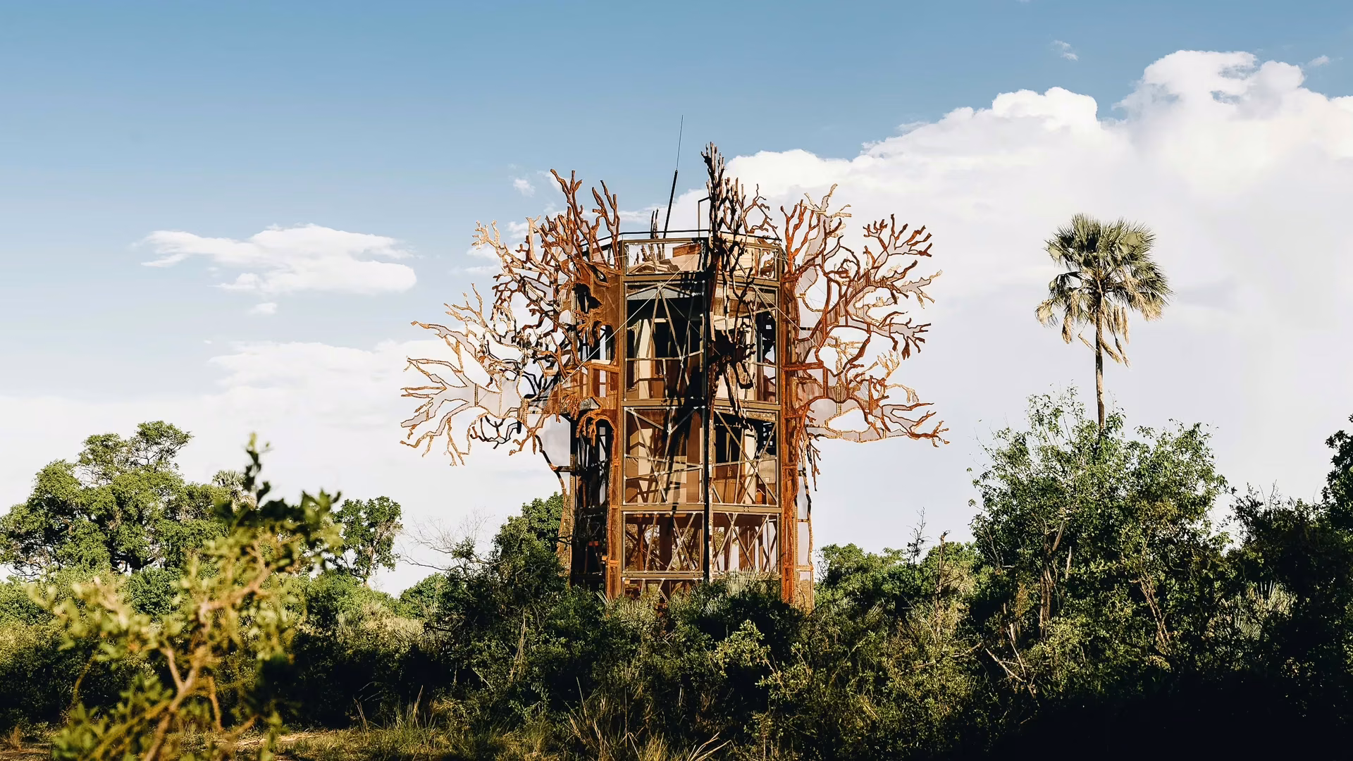 Treehouse at Xigera Safari Lodge is an art installation that towers above the surrounding trees of the Okavango Delta