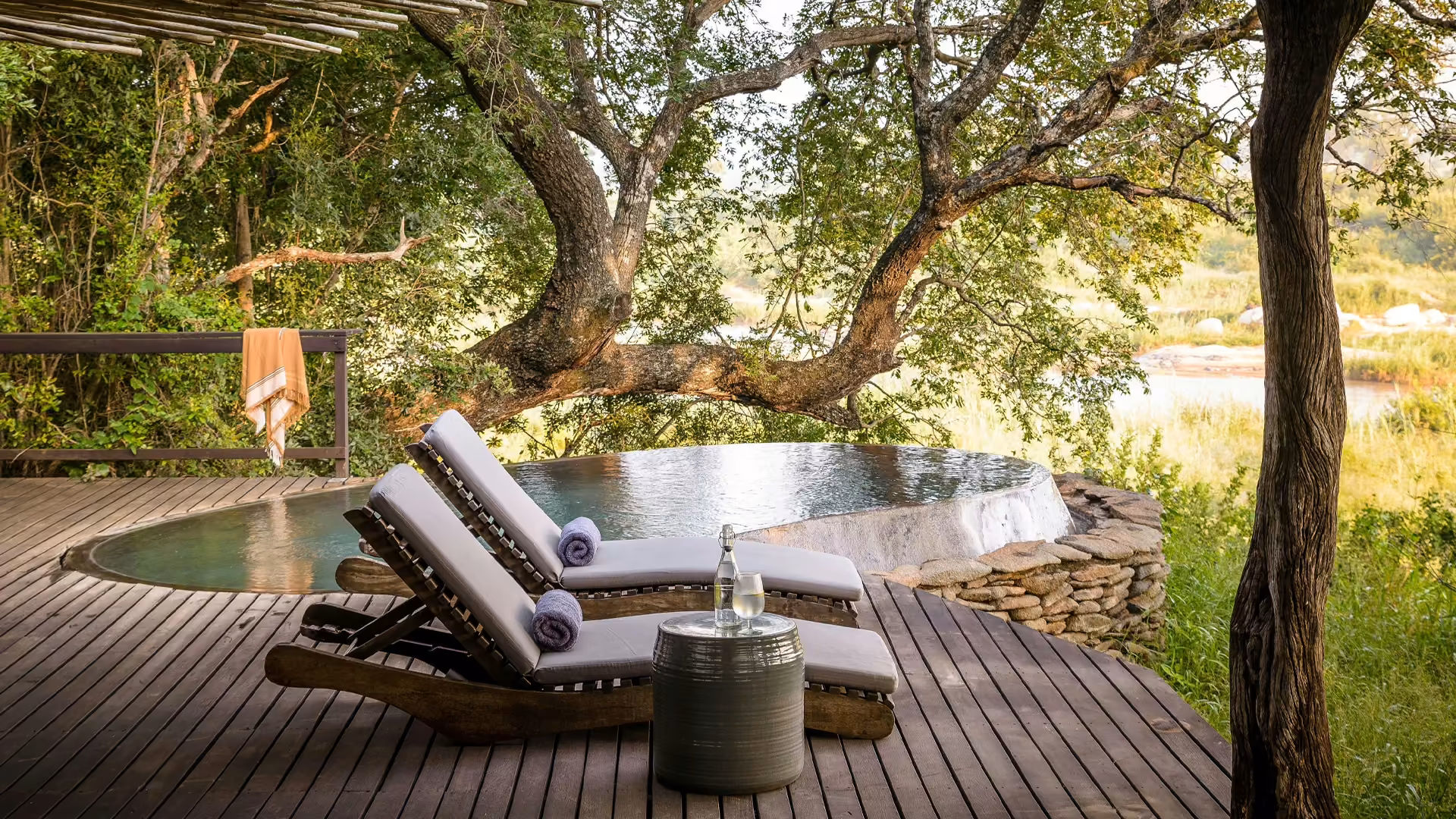 Private deck and plunge pool at Singita Boulders Lodge in thew Sabie Sand part of Greater Kruger in South Africa