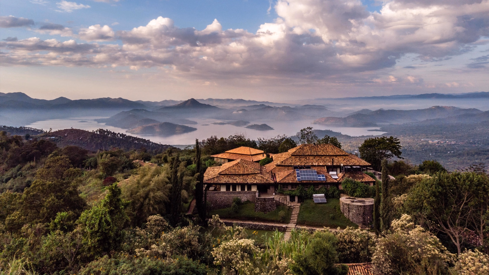 Virunga Lodge on a ridge overlooking volcanoes and lakes, Rwanda