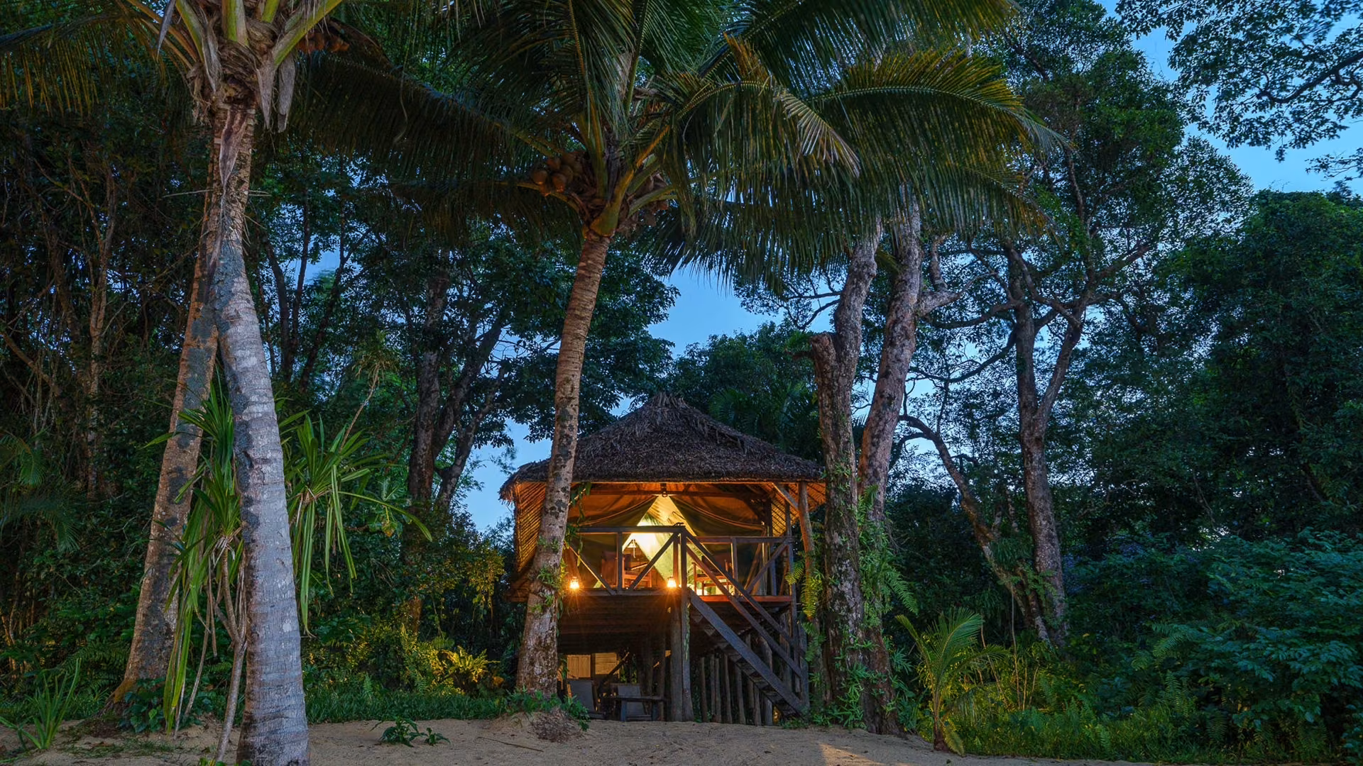 Lantern-lit bungalow among rainforest trees at dusk at Masoala Forest Lodge